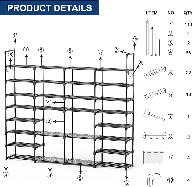 Mavivegue Extra Large Shoe Rack, 8 Tier 4 Rows 72-76 Pairs Big Tall Metal Shoe - Image 9