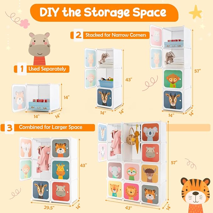 HONEY JOY Kids Wardrobe Closet, Baby Cartoon Clothes Storage Organizer - Image 3