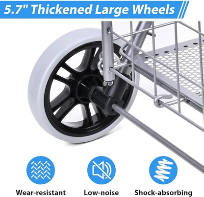 Folding Shopping Cart with Double Baskets, Collapsible Grocery Rolling Utility - Image 5