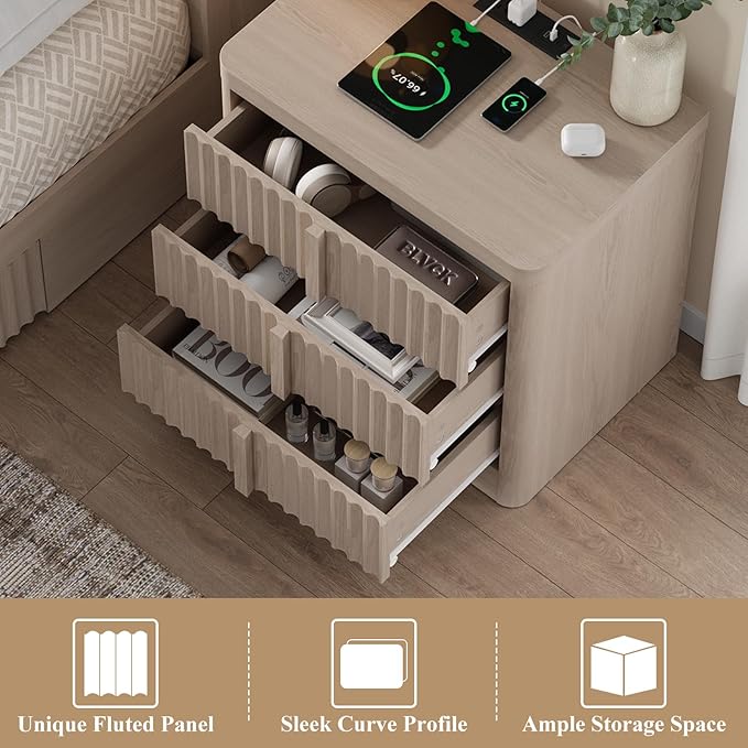 Fluted Nightstand with Charging Station, 23.6" Night Stand with Solid Wood - Image 5