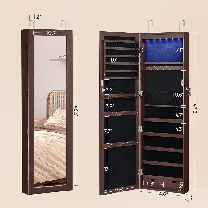 SONGMICS 6 LEDs Mirror Jewelry Cabinet, 47.2-Inch Tall Lockable Wall or Door - Image 6