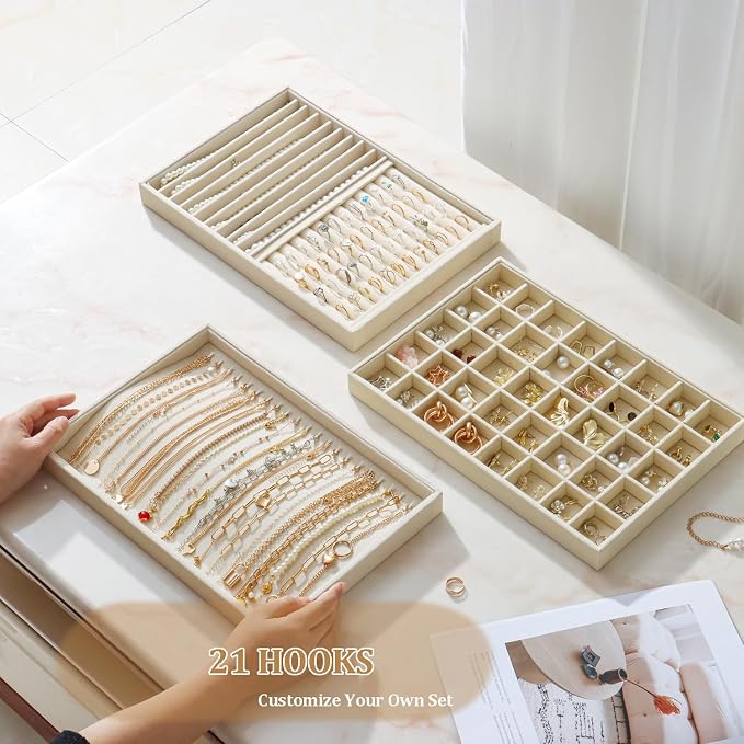 Large Velvet Jewelry Tray 2 Pack Stackable Jewelry Display Drawer Inserts Trays - Image 5