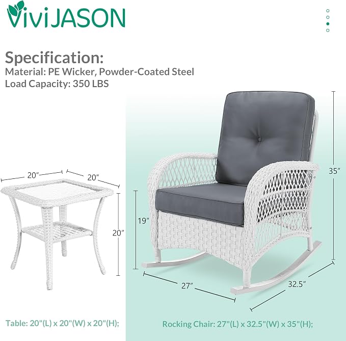 VIVIJASON 3-Piece Outdoor Conversation Bistro Set, Patio Wicker Rocking Chairs - Image 2