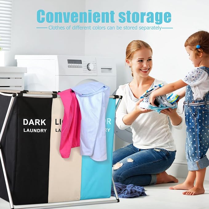 Laundry Cloth Hamper Sorter Basket Bin Foldable 3 Sections - Image 6