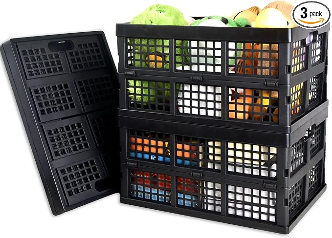 CONLI 3 Pack 34L Large Plastic Folding Crates by CONLI