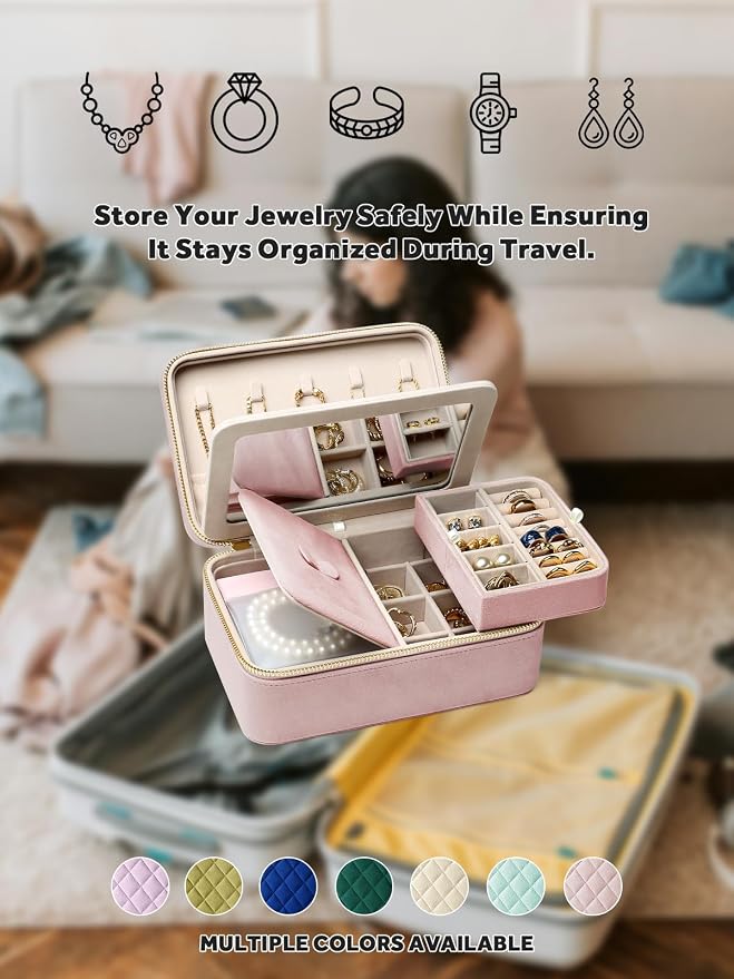 Velvet Travel Jewelry Box with Large Mirror, Double-Layer Jewelry Organizer Case - Image 8