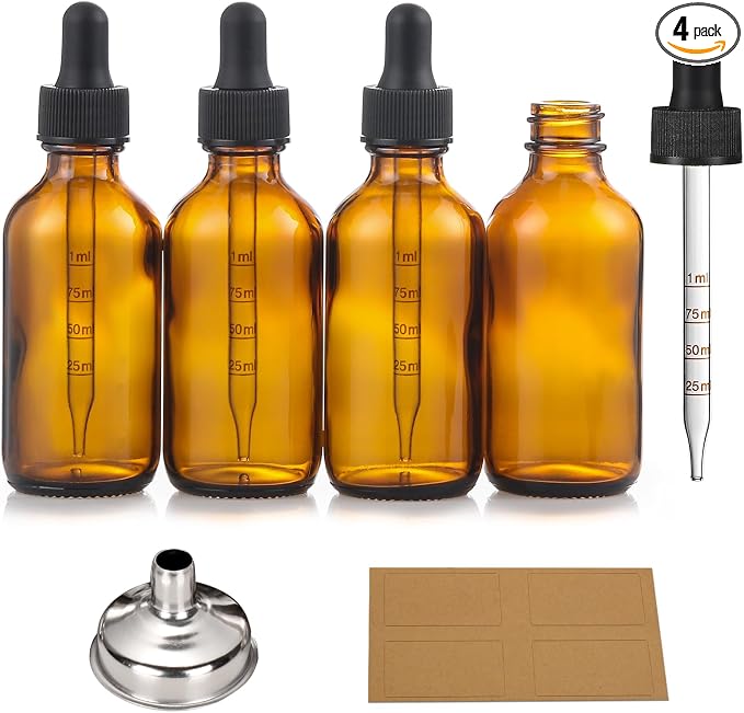 4 Pack 1 oz Glass Dropper Bottles - 30ml Dark Amber Tincture Bottles with by AOZITA