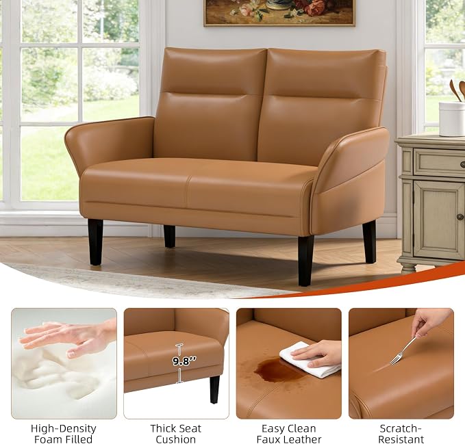 Faux Leather Loveseat with Wide Armrests, Slanted Shawl Arm 2-Seater Sofa - Image 4