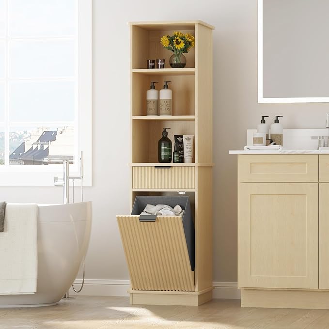 Natural Tilt Out Laundry Hamper Tall Bathroom Storage Cabinet Hidden Laundry by Mepplzian