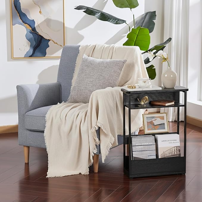 Vintage Narrow Side Table with Storage Shelf, 3 Tier Slim End Table Modern Sofa - Image 2