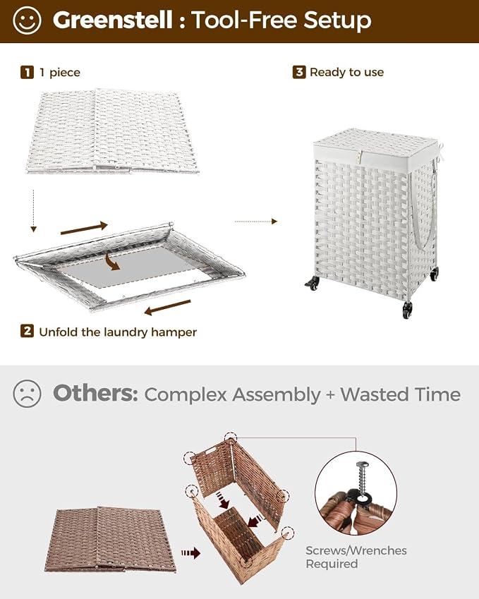Greenstell Laundry Hamper with Wheels, No Install Needed, 90L Divided Handwoven - Image 7