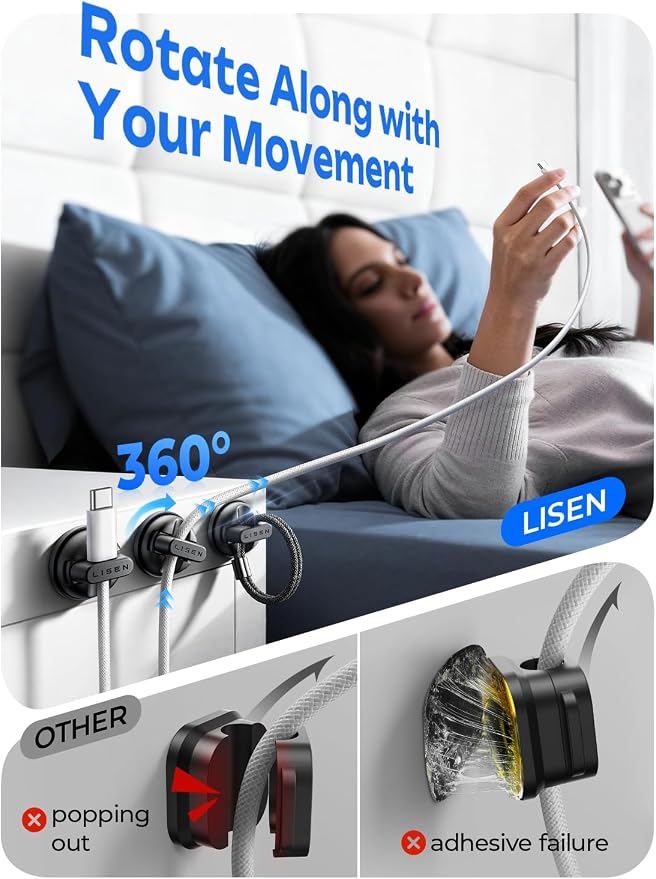 12-Pack Rotatable Cord Holder for Nightstand, LISEN 360°Rotating Magnetic Clips - Image 2