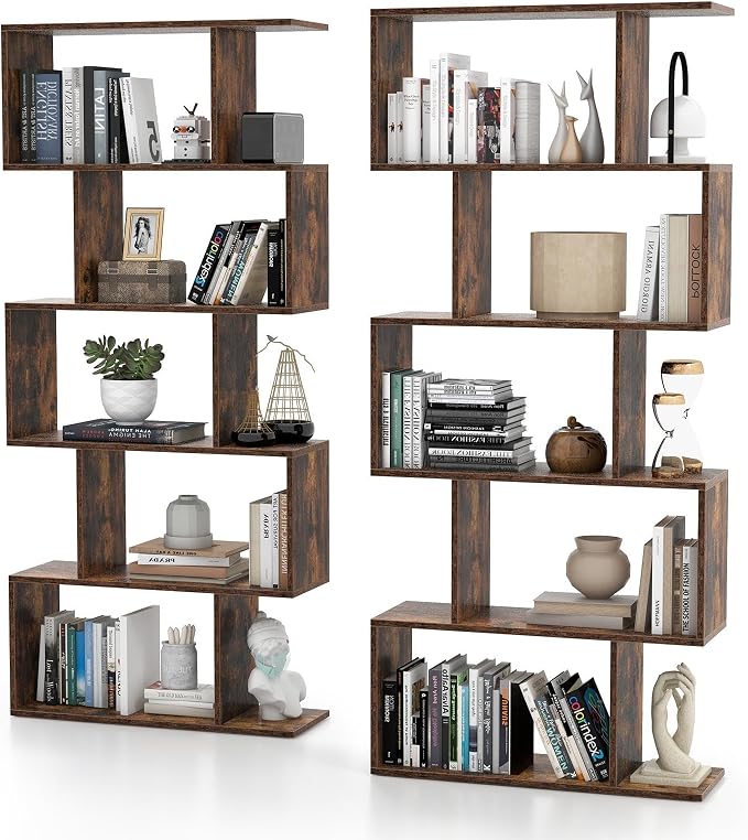 5-Tier Geometric Bookcase Set of 2, 62.5” Freestanding Room Divider Bookshelf by Unknown