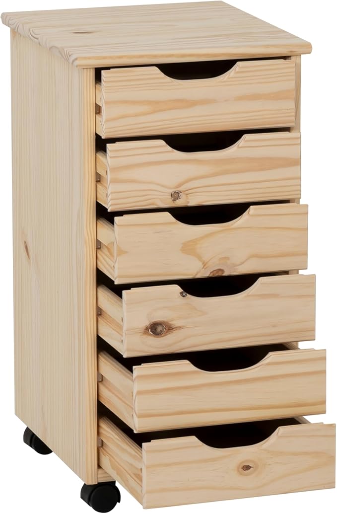 Linon Corinne Unfinished Six Drawer Wooden Rolling Storage Cart - Image 7
