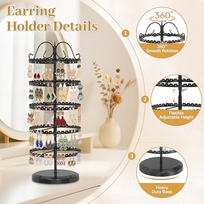 MODOWEY 5 Tier Rotating Earring Holder Organizer Stand, Adjustable Metal - Image 5
