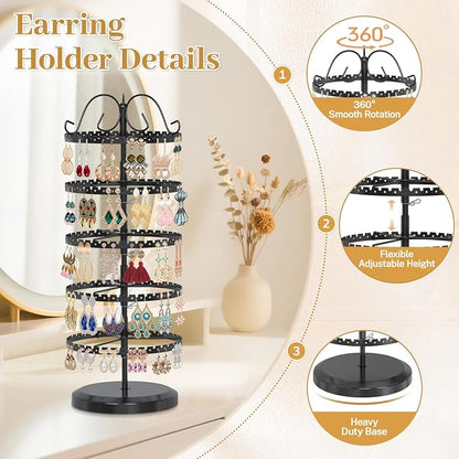 MODOWEY 5 Tier Rotating Earring Holder Organizer Stand, Adjustable Metal - Image 5