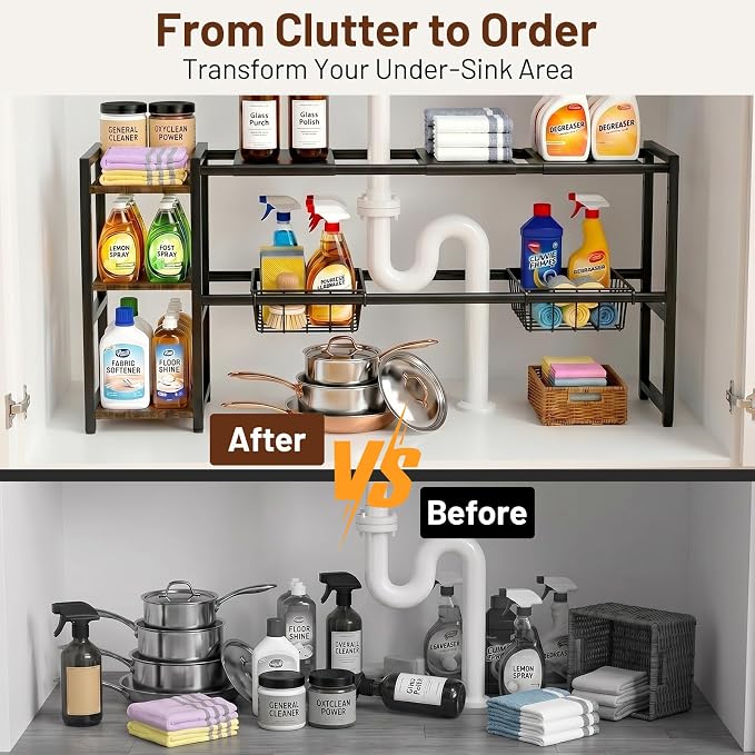 Housolution Expandable Under Sink Cabinet Organizer Rack and Storage Shelf | - Image 6