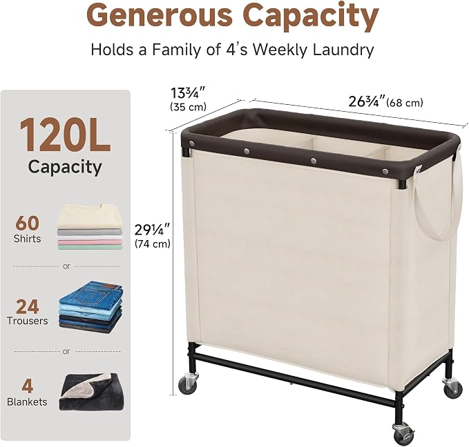 StorageWorks 3 Section Laundry Hamper, Rolling Laundry Cart - Image 3