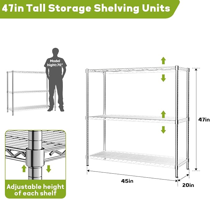 45" W x 20" D x 47" H Heavy Duty Wire Shelving Unit, 3-Tier Utility Storage - Image 3