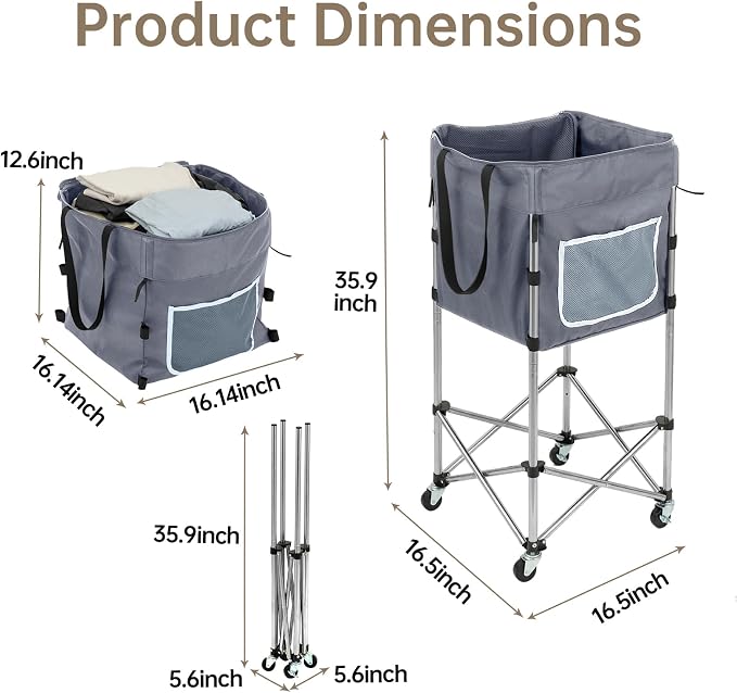 Laundry Basket with Wheels, 35.9" No-Bend Rolling Hamper, steel frame, foldable - Image 6