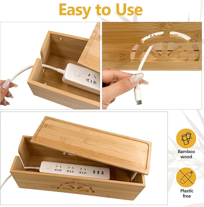 Bamboo Cable Management Box, Extra Large Cord Organizer Box, Power Strips Hider - Image 3