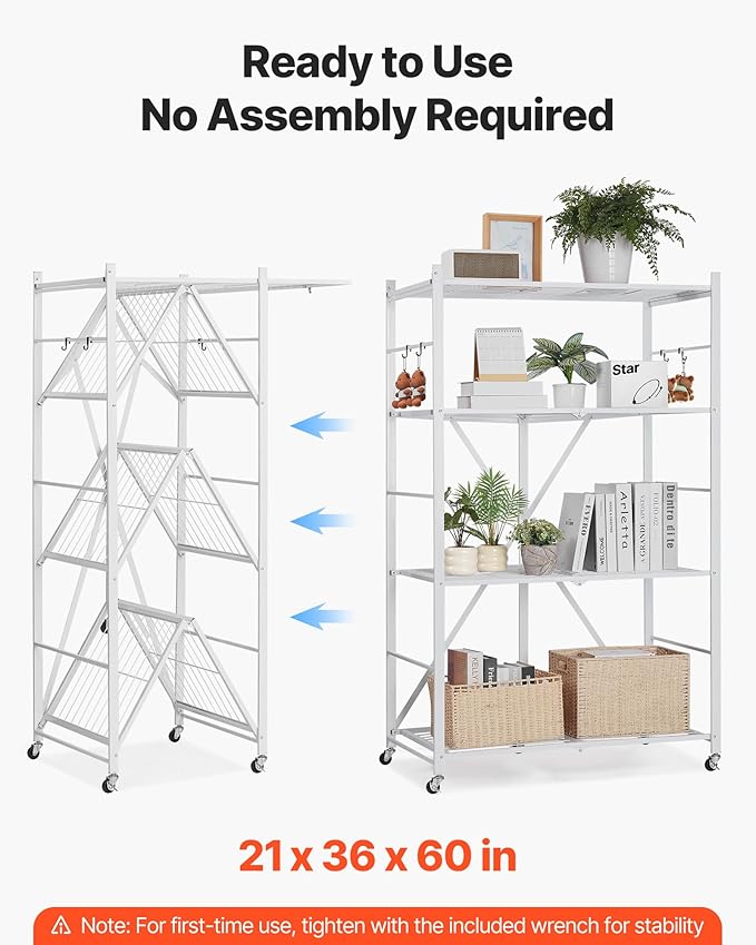 VEVOR 4-Tier Foldable Storage Shelf, 36W x 21D x 60 H Inch Folding Metal Rack - Image 4