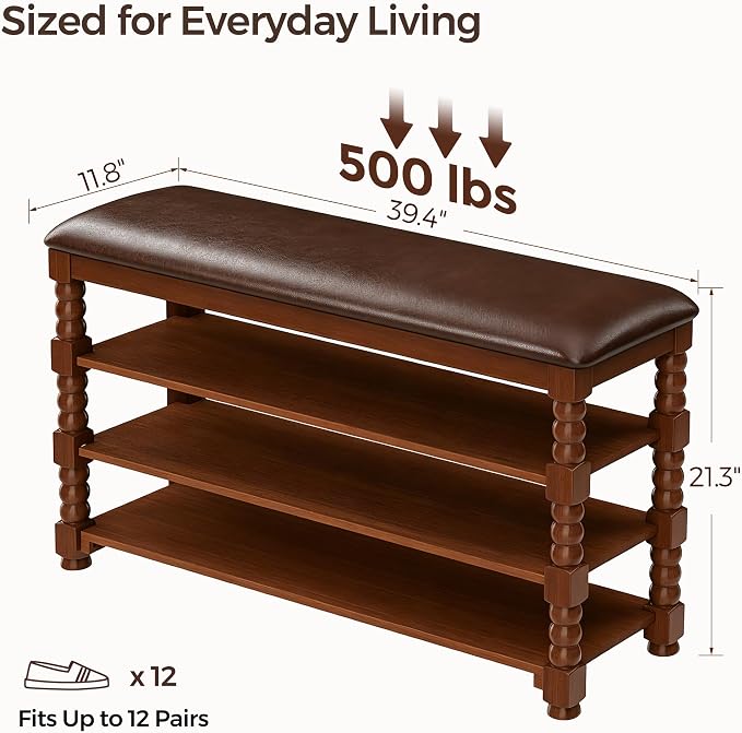 Homleke 3-Tier Solid Wood Shoe Rack Bench - Image 2