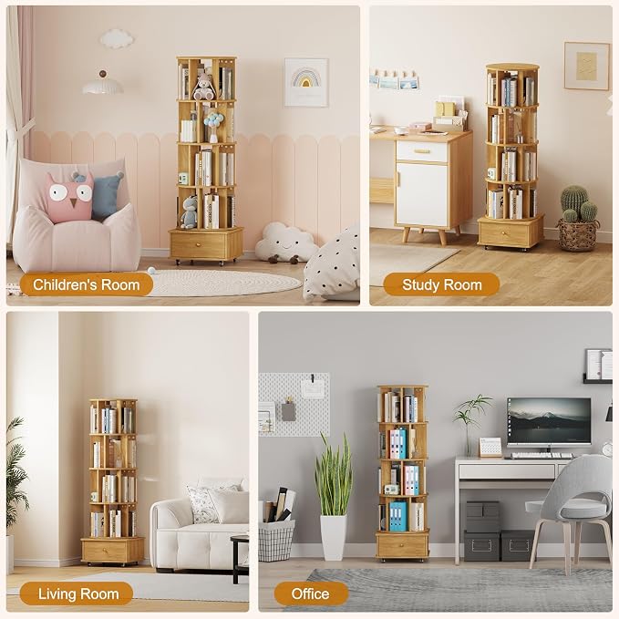 Rotating Bookshelf with Drawers on Lockable Wheels Wood Oak | 5 Tier Spinning - Image 8