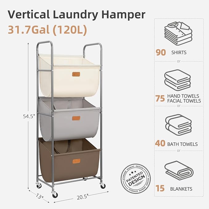 STORAGE MANIAC 120 Liters Vertical Rolling Laundry Hamper, 3 Section Laundry - Image 4
