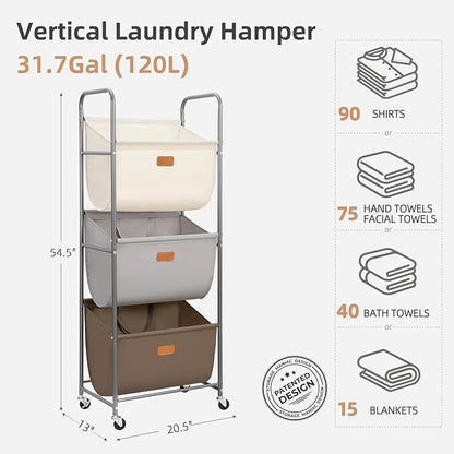 STORAGE MANIAC 120 Liters Vertical Rolling Laundry Hamper, 3 Section Laundry - Image 4