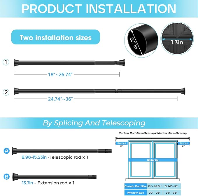 2 Pack Spring Tension Curtain Rod 18-36 inch, Adjustable Expandable Tension - Image 3