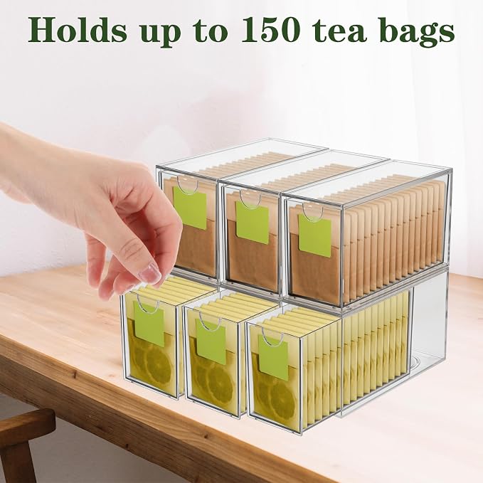 6 Pack Clear Acrylic Tea Bag Organizer Drawer, Stackable Tea Bag& Coffee - Image 6
