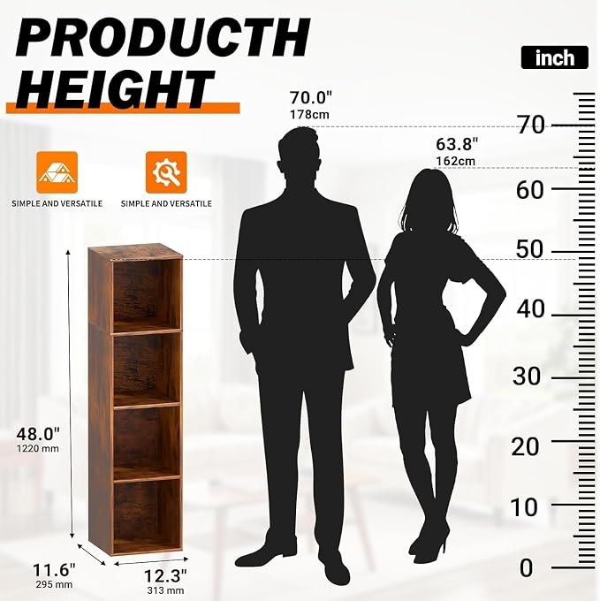 Cube Storage Organizer, 4 Cube Retro Bookshelf, Freestanding 4 Tier Open Shelf - Image 3