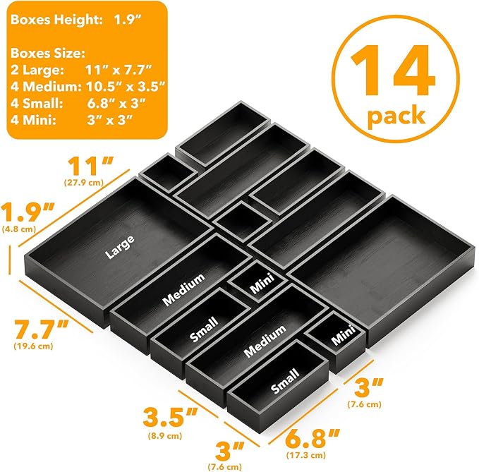 SpaceAid 14-Piece Bamboo Drawer Organizer Storage Boxes Set, Wood Tray Junk - Image 3