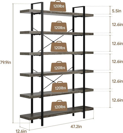 Bookshelf Set, Heavy Duty 6-Tier Industrial Bookcase, 120lbs Shelf Capacity - Image 2