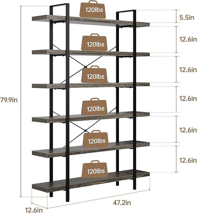 Heavy Duty 6-Tier Industrial Bookcase, 120lbs Shelf Capacity, Rustic Open - Image 2