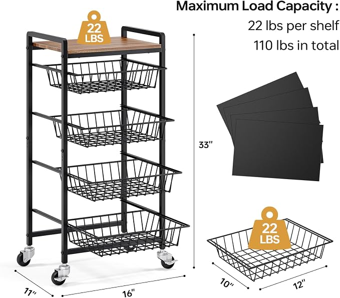TOOLF 5 Tier Kitchen Storage Cart, Metal Utility Rolling Snack Cart | Wooden - Image 7