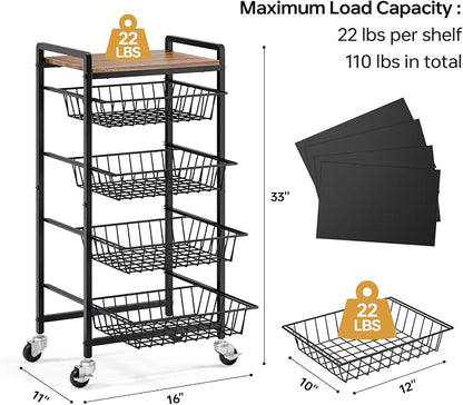 TOOLF 5 Tier Kitchen Storage Cart, Metal Utility Rolling Snack Cart | Wooden - Image 7