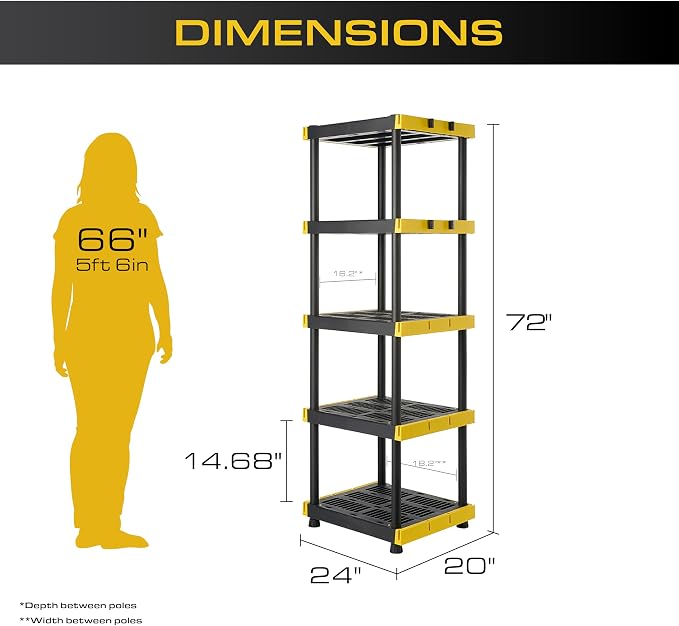 BLACK & YELLOW, 5-Tier Heavy Duty Plastic Storage Shelving Unit, 100lbs/shelf - Image 3