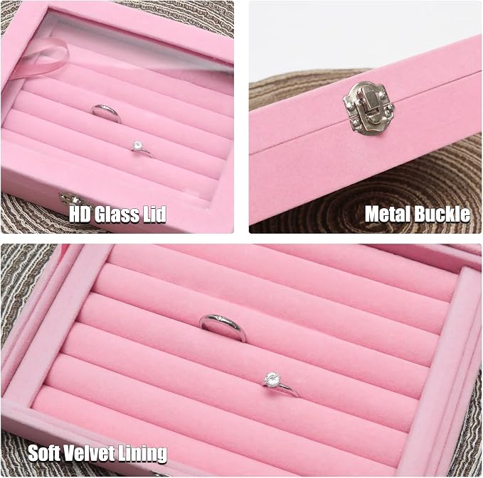 Small Velvet Jewelry Tray with Clear Lid, 8 Rolls Pink | Lockable Ring Earring - Image 3