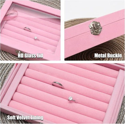 Small Velvet Jewelry Tray with Clear Lid, 8 Rolls Pink | Lockable Ring Earring - Image 3