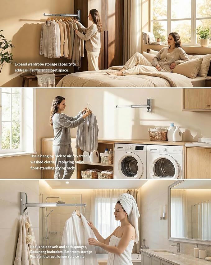 BaiNong Pull Out Wall Mounted Clothes Drying Rack Silver 13" Foldable | Laundry - Image 5
