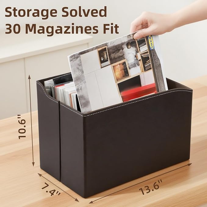 WRINGKIT Leather Magazine File Holder, Foldable Magazine Basket - Image 2