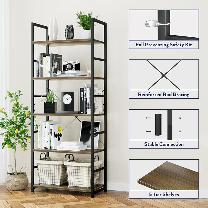 NUMENN 5 Tier Bookshelf, Tall Freestanding Open Storage Bookcase, Dark Walnut - Image 5