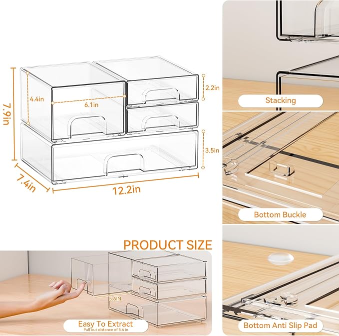 Yieach 4 Pack Clear Stackable Storage Drawers, Acrylic Drawer Organizer - Image 3