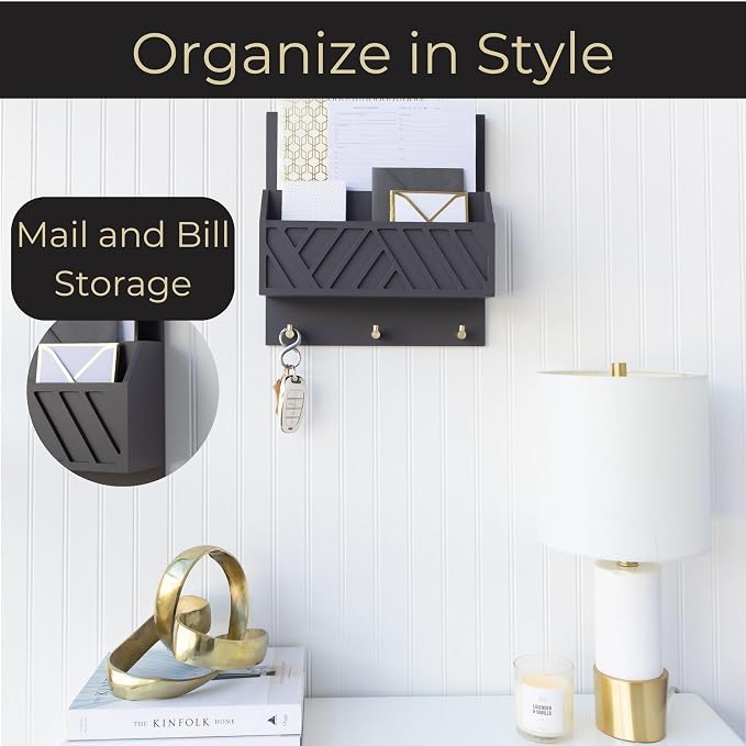 BLU MONACO | Wall-Mounted Mail and Key Holder in Grey Wood | Two-Tier Mail - Image 2