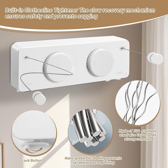 Retractable Clothesline Indoor, Non-Sagging Outdoor Clothes Line Retracting - Image 3