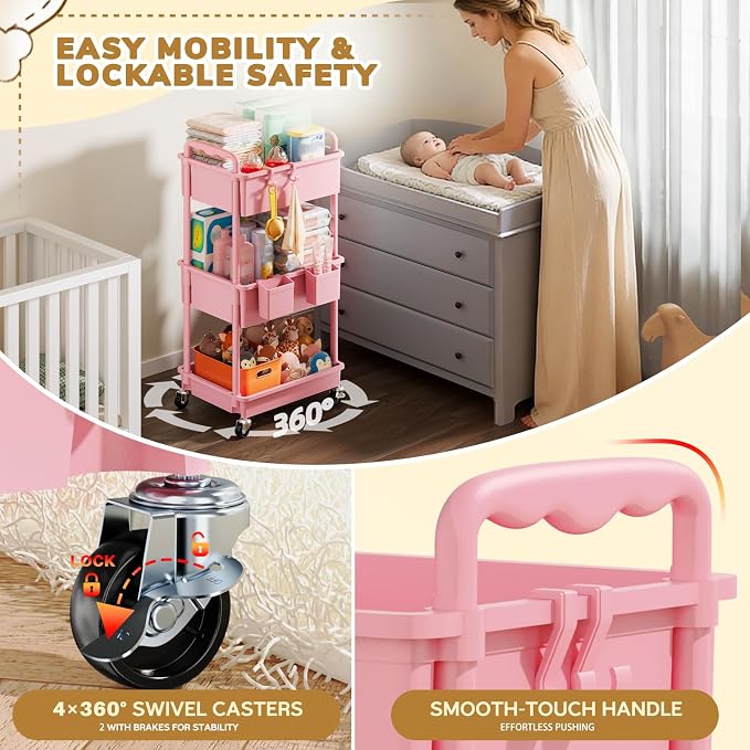 Goovilla Diaper Cart with Lockable Wheels and Easy Assembly, 3 Tier Pink - Image 5