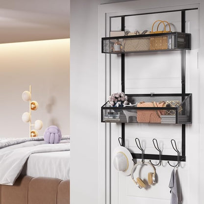 2-Tier Over Door Hook & Basket Organizer 12 Hooks + 2 Mesh Baskets - Image 9