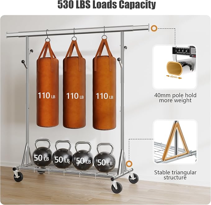 Heavy Duty Clothes Rack Load 530 lbs, Metal Rolling Clothing Rack - Image 2